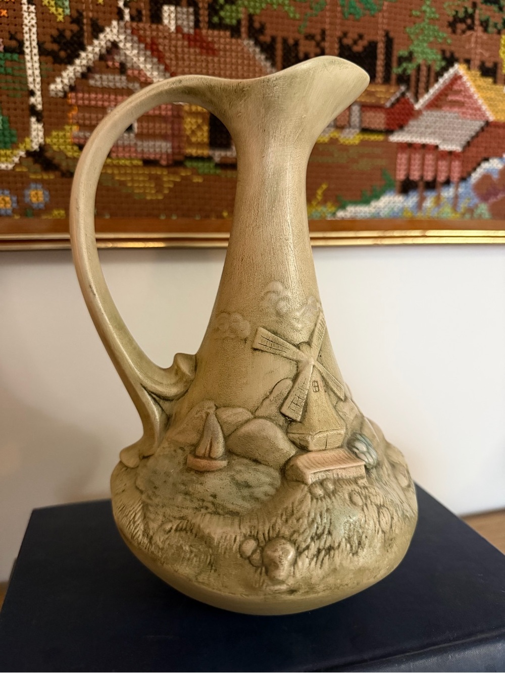 Vintage 1970s Bell Ceramics Hand Painted Windmill Pitcher 8.5”